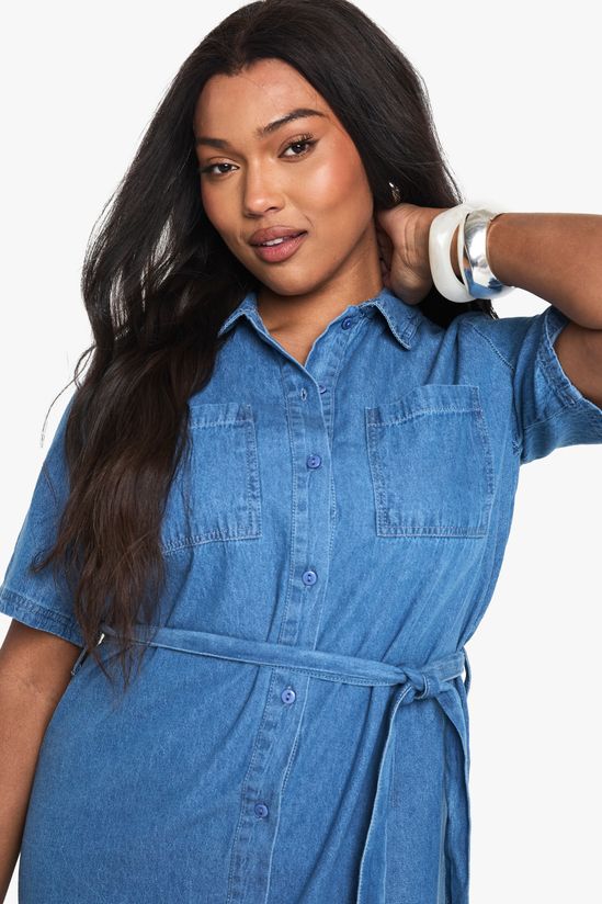 boohoo Plus Chambray Denim Tie Belt Dress