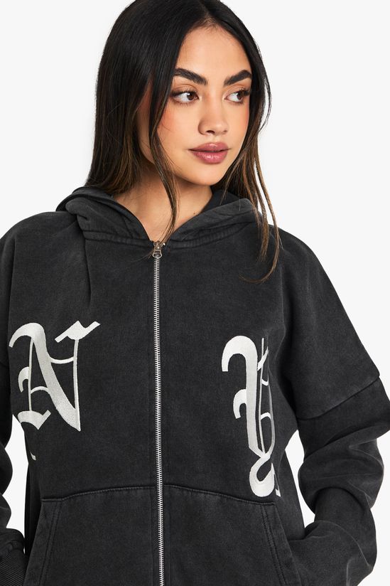 NY Embroidered Oversized Zip Through Hoodie