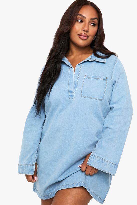 Plus Collared V Neck Denim Dress