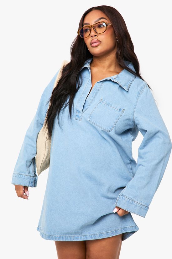 Plus Collared V Neck Denim Dress