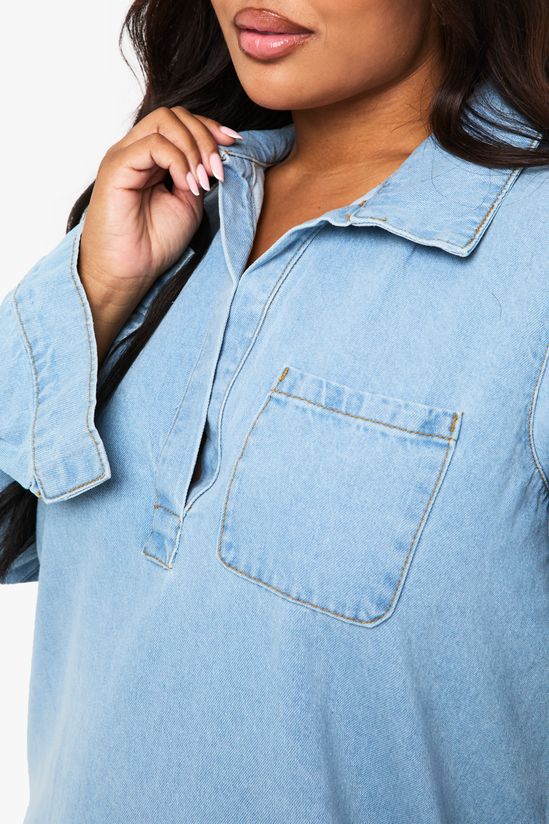 Plus Collared V Neck Denim Dress