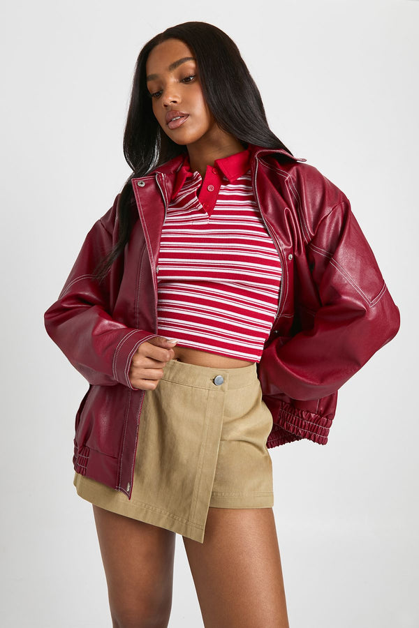 Faux Leather Contrast Stitch Bomber Jacket