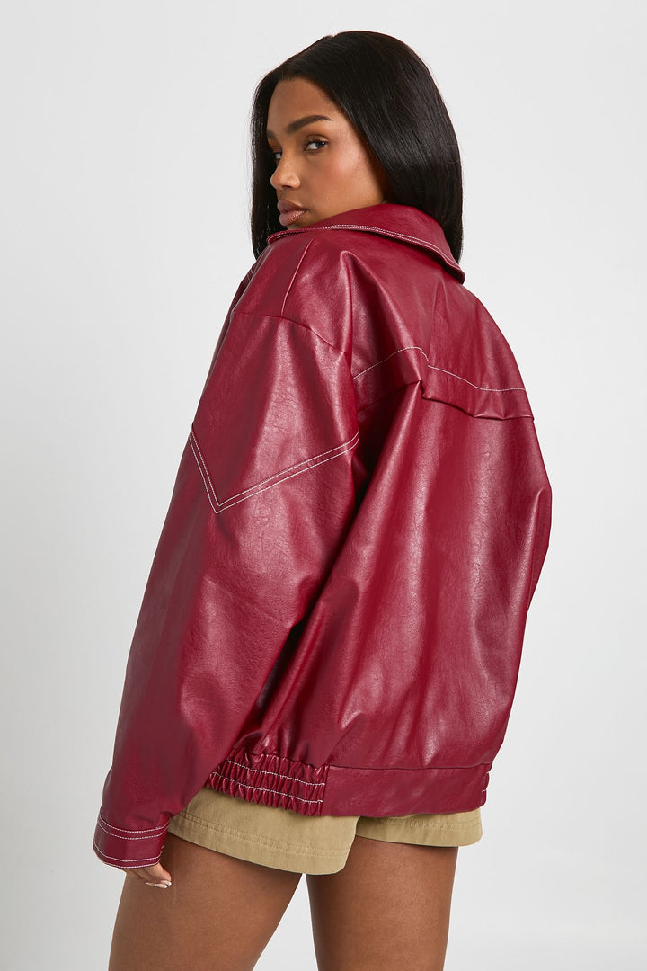 Faux Leather Contrast Stitch Bomber Jacket