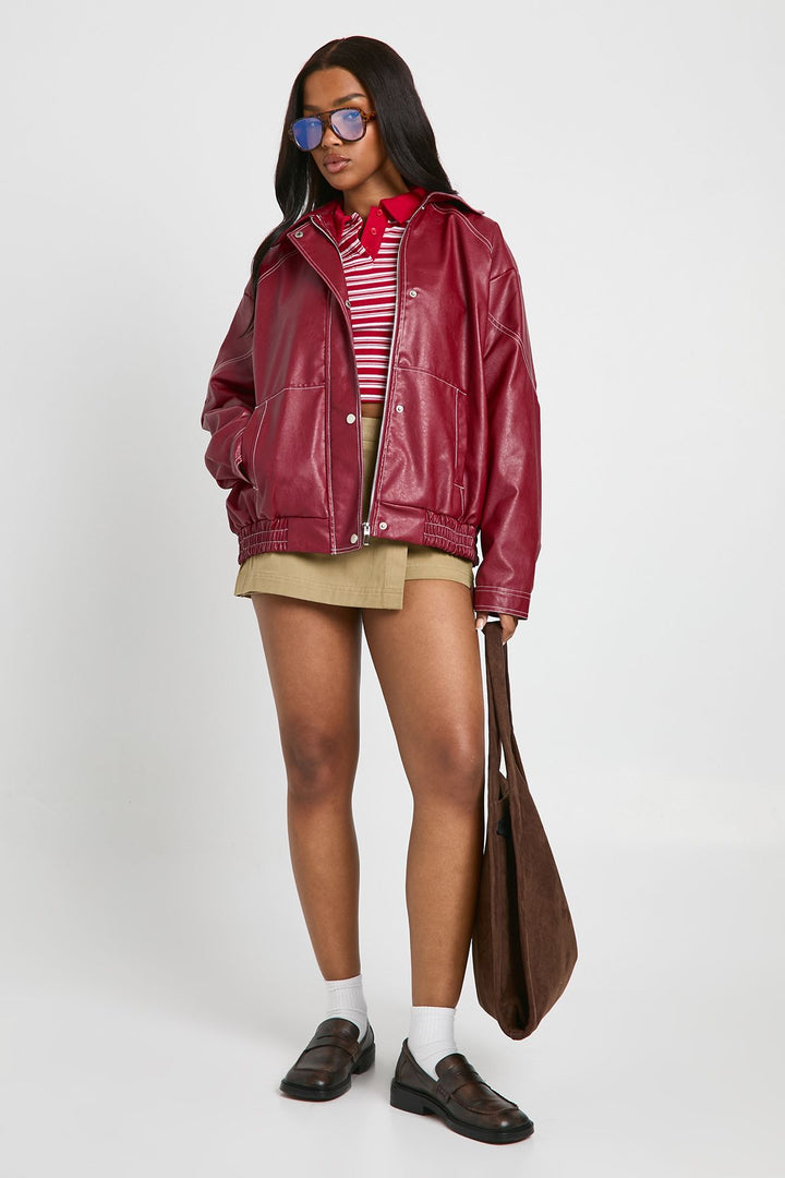 Faux Leather Contrast Stitch Bomber Jacket