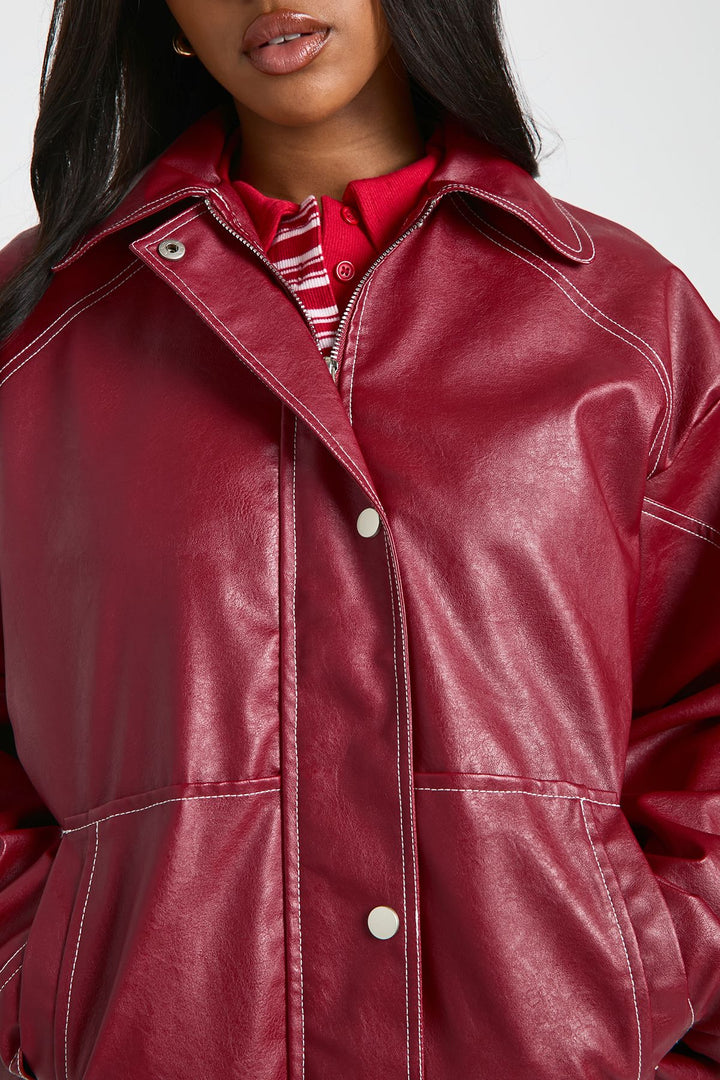 Faux Leather Contrast Stitch Bomber Jacket