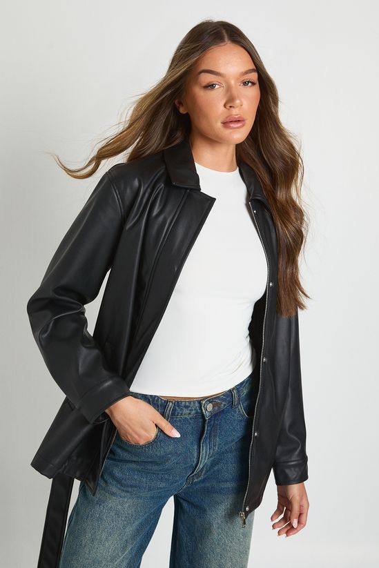 Faux Leather Belted Jacket