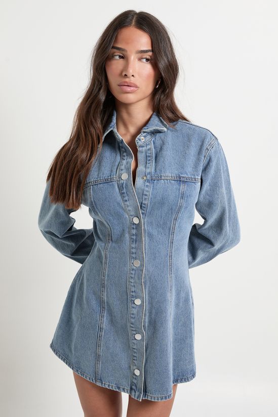 Petite Long Sleeve Cinched Waist Denim Dress