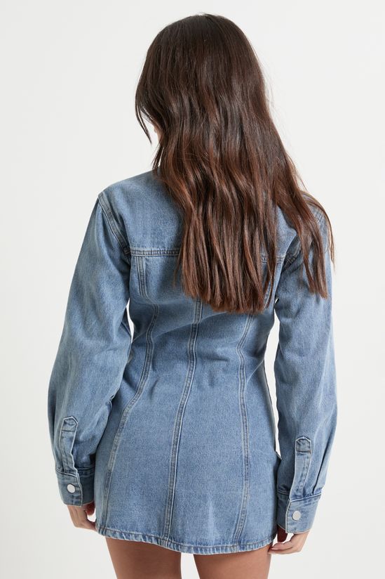 Petite Long Sleeve Cinched Waist Denim Dress