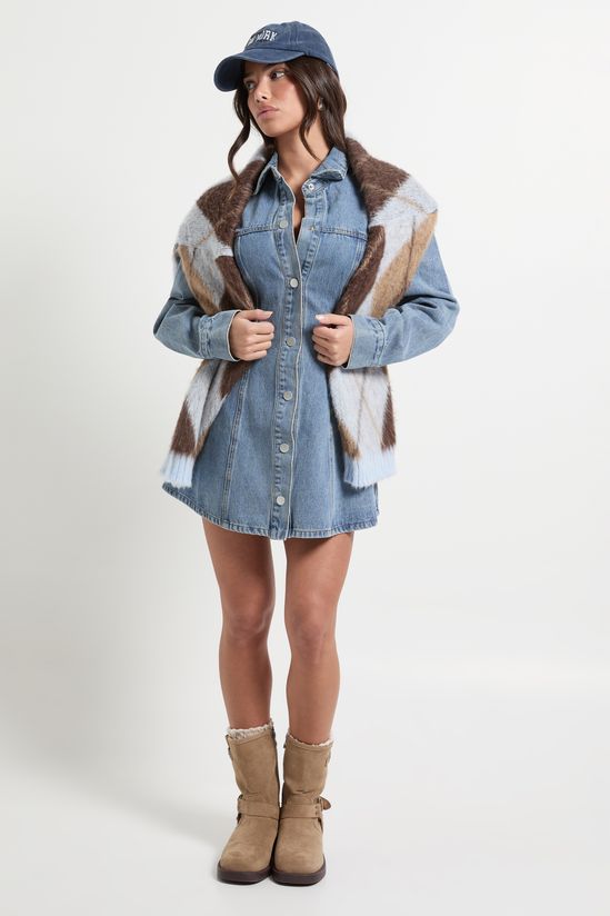 Petite Long Sleeve Cinched Waist Denim Dress