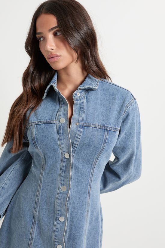 Petite Long Sleeve Cinched Waist Denim Dress