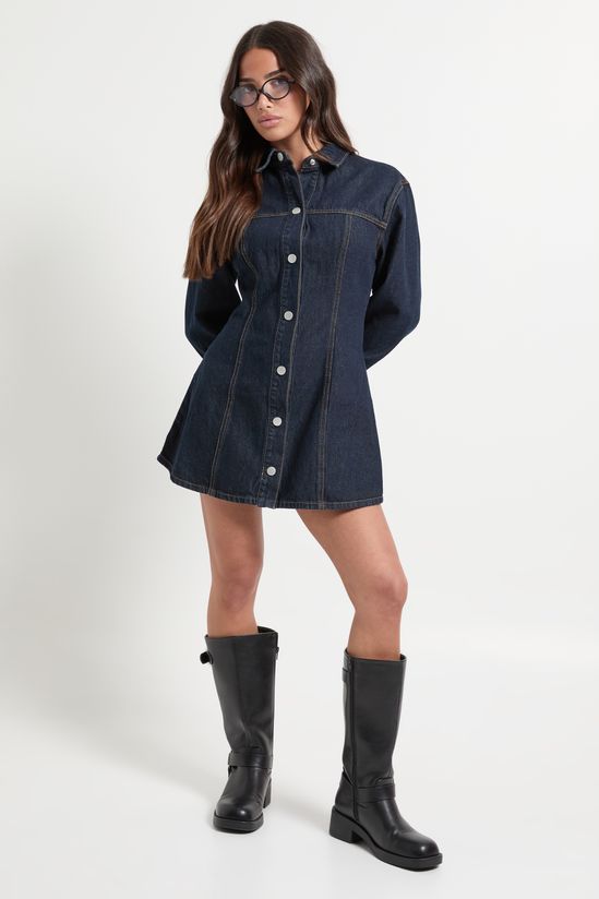 Petite Long Sleeve Cinched Waist Denim Dress