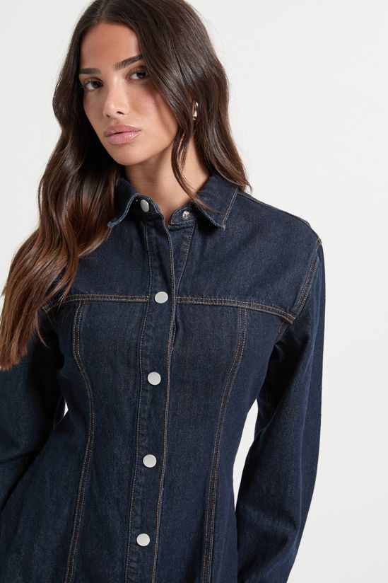 Petite Long Sleeve Cinched Waist Denim Dress