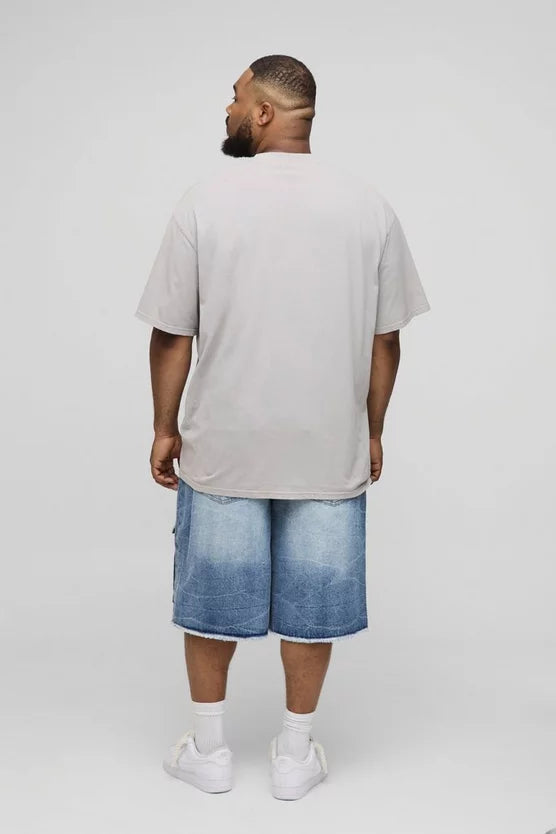 Plus Slim Ice Wash Raw Hem Distressed Cargo Jorts