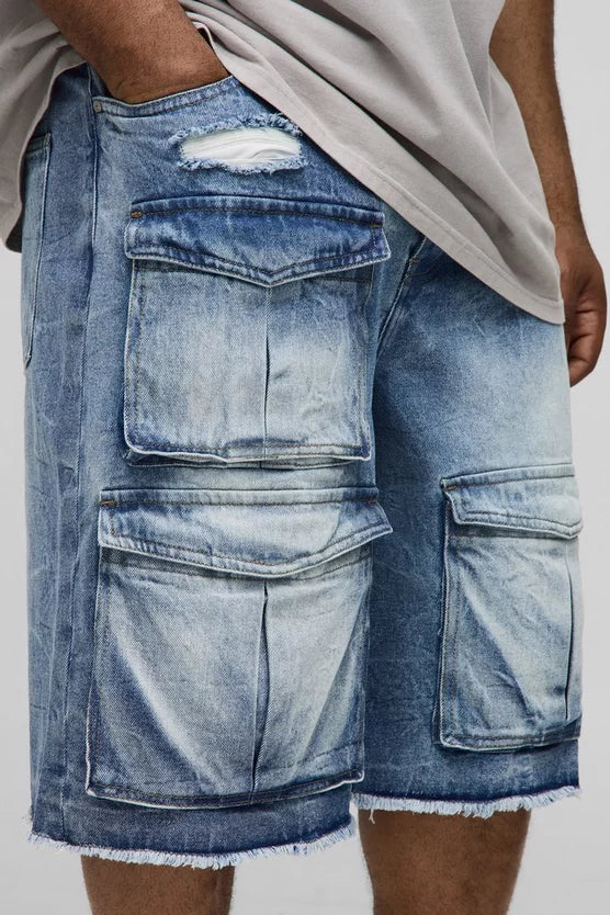 Plus Slim Ice Wash Raw Hem Distressed Cargo Jorts