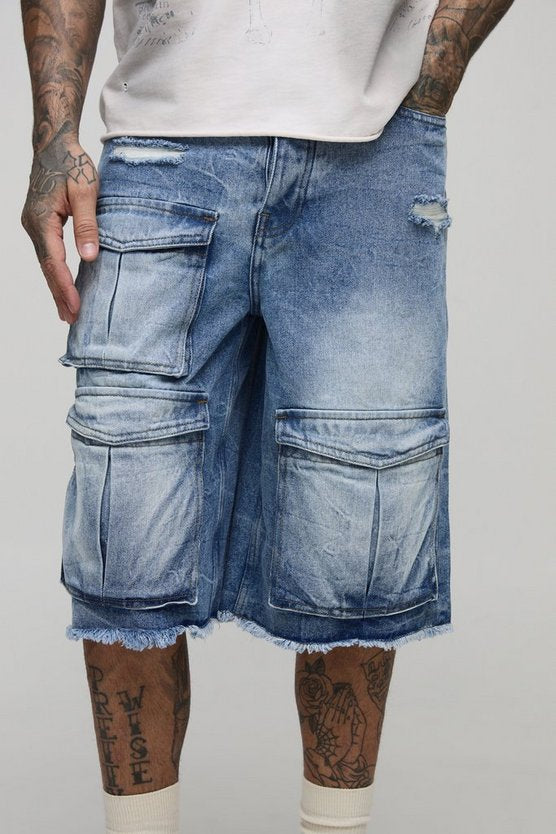 Tall Relaxed Fit Ice Wash Raw Hem Distressed Cargo Jorts
