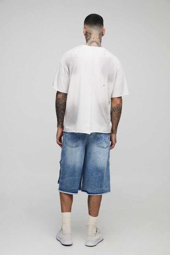 Tall Relaxed Fit Ice Wash Raw Hem Distressed Cargo Jorts