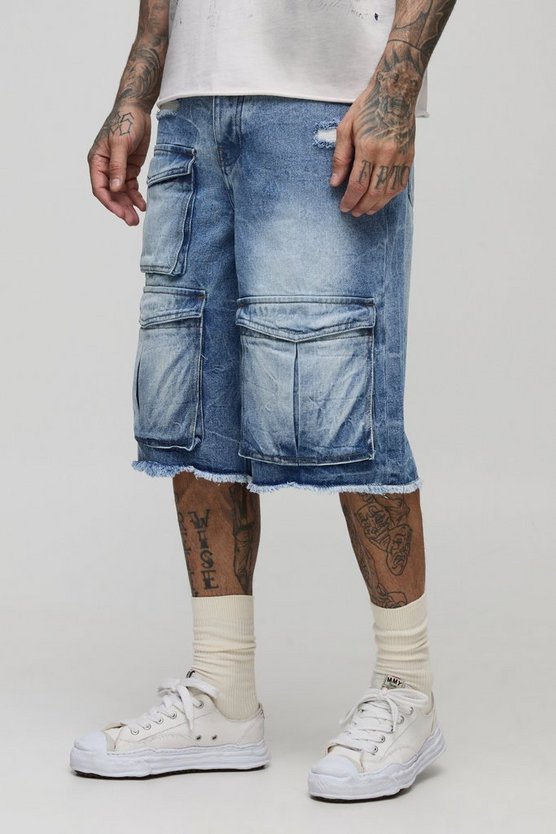 Tall Relaxed Fit Ice Wash Raw Hem Distressed Cargo Jorts