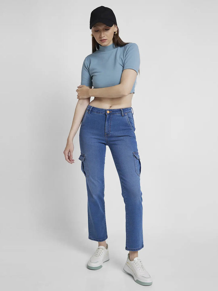 Spykar Women Mid Blue Lycra Slim Straight Fit Ankle Length Clean Look Jeans -(Emma)