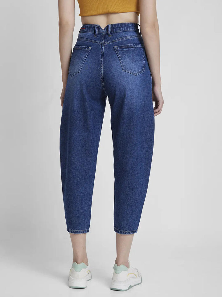 Spykar Women Mid Blue Cotton Baggy Fit Crop Length Clean Look Jeans -(Clara)