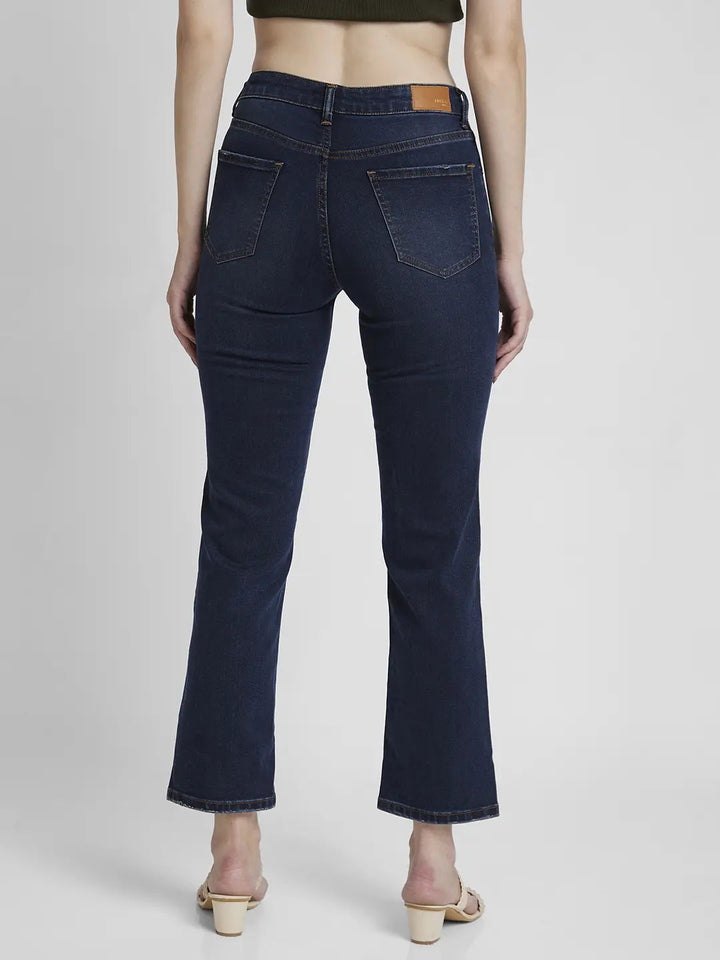 Spykar Women Dark Blue Lycra Slim Straight Fit Ankle Length Mild Distressed Jeans -(Emma)