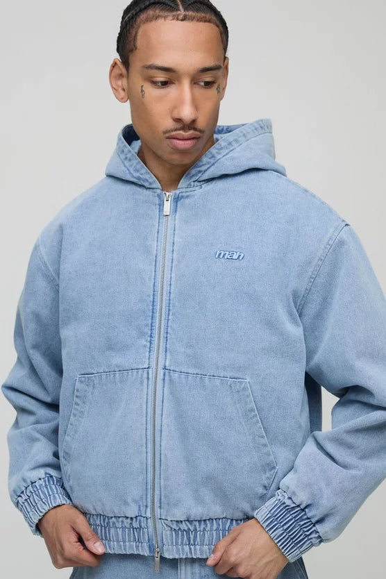 Boxy Fit Padded Denim Hooded Bomber Jacket