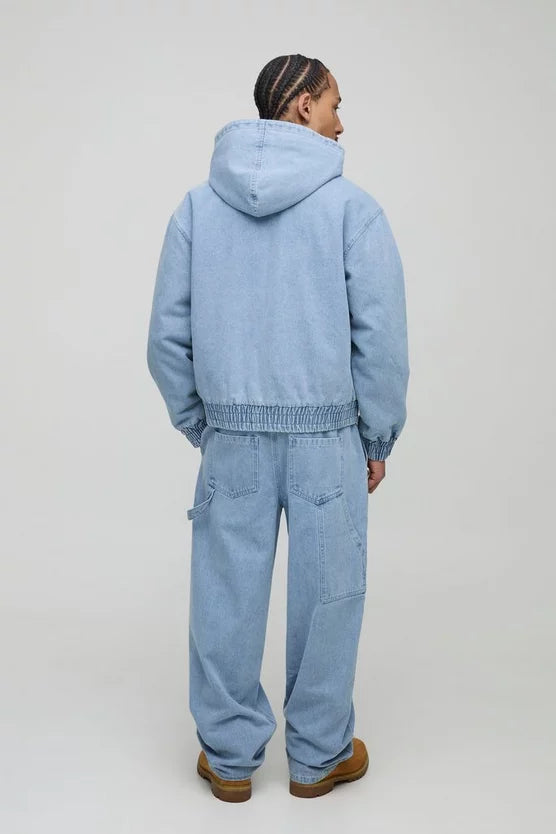Boxy Fit Padded Denim Hooded Bomber Jacket