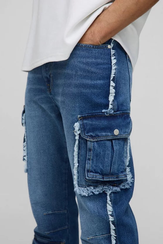 Slim Stacked Washed Cargo Popper Jeans
