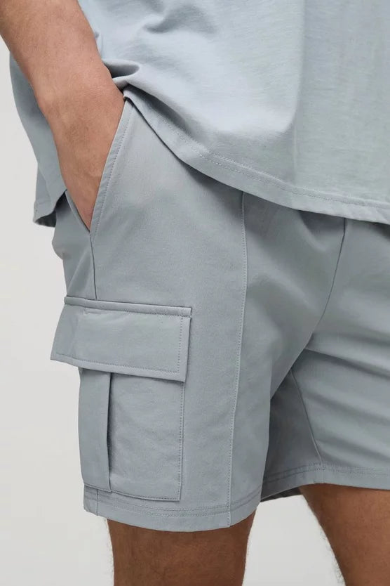 Elasticated Waist Technical Stretch Slim Pintuck Cargo Shorts