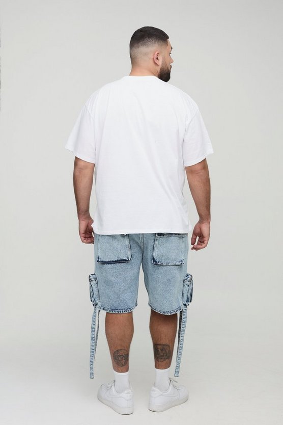 Plus Acid Wash Strap Detail Cargo Denim Shorts