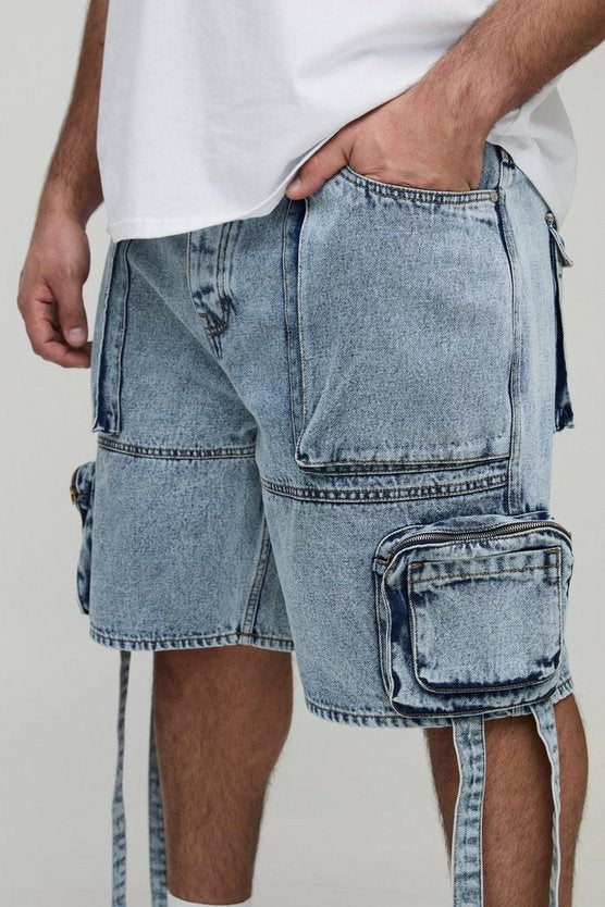 Plus Acid Wash Strap Detail Cargo Denim Shorts