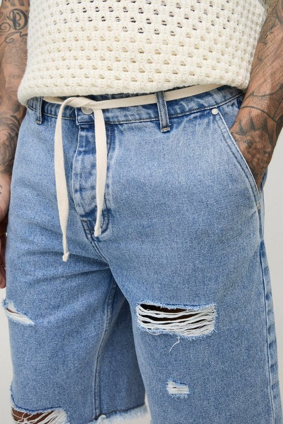 Tall Distressed Drawcord Relaxed Fit Denim Shorts