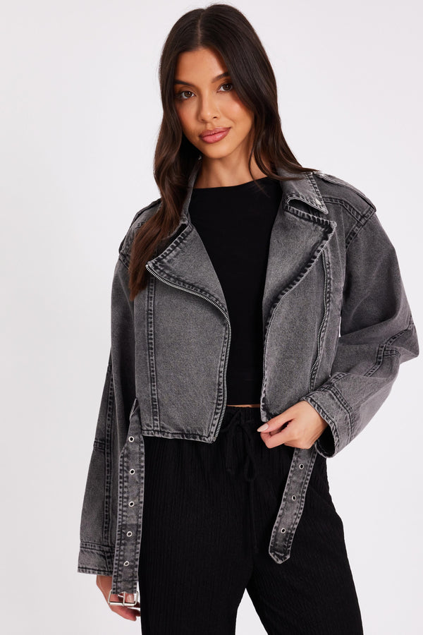 Quiz Grey Denim Biker Jacket