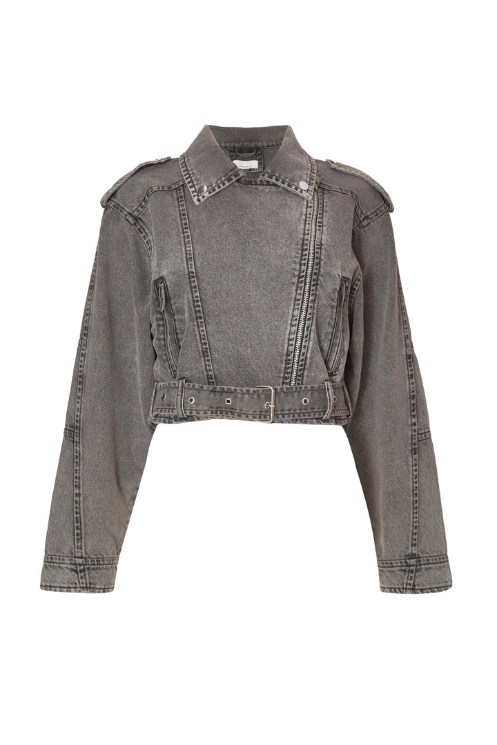 Quiz Grey Denim Biker Jacket