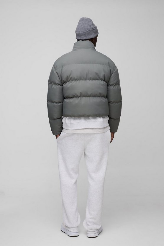 Man Boxy Fit Funnel Neck Puffer Coat In Grey