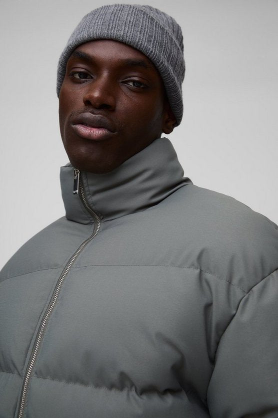 Man Boxy Fit Funnel Neck Puffer Coat In Grey