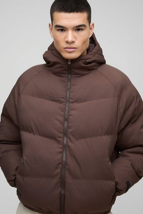 Man Regular Fit Hooded Puffer Coat In Brown