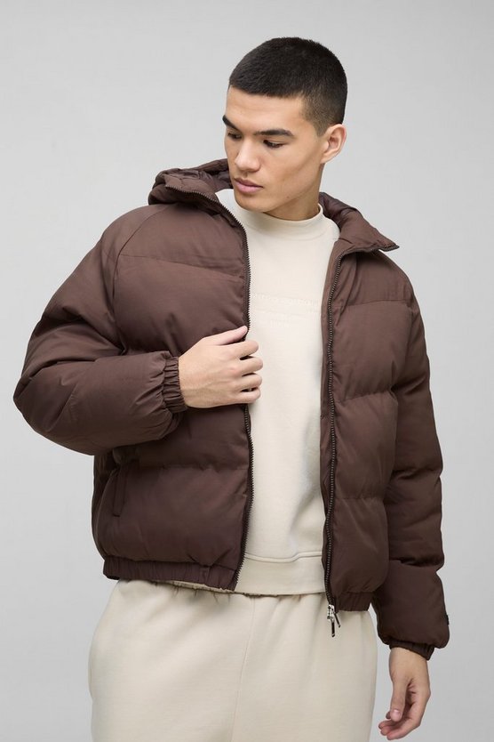 Man Regular Fit Hooded Puffer Coat In Brown