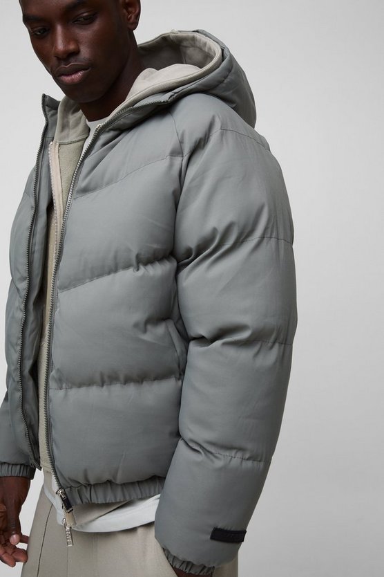 Man Regular Fit Hooded Puffer Coat In Grey