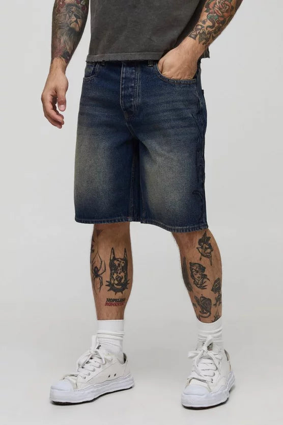 Relaxed Rigid Tribal Embroidered Denim Shorts