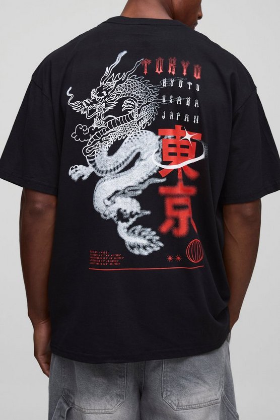 Black Oversized Tokyo Dragon Printed T-Shirt