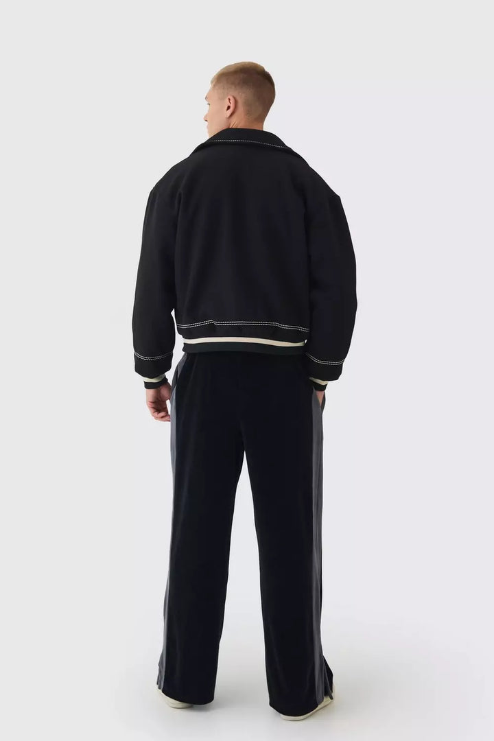 Boxy Stitch Detail Melton Varsity Jacket In Black
