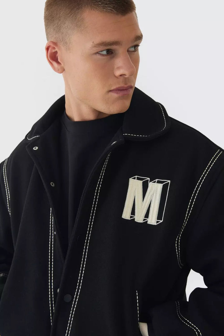 Boxy Stitch Detail Melton Varsity Jacket In Black