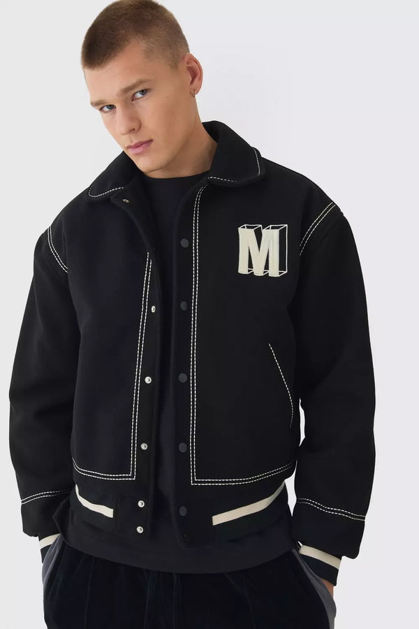 Boxy Stitch Detail Melton Varsity Jacket In Black