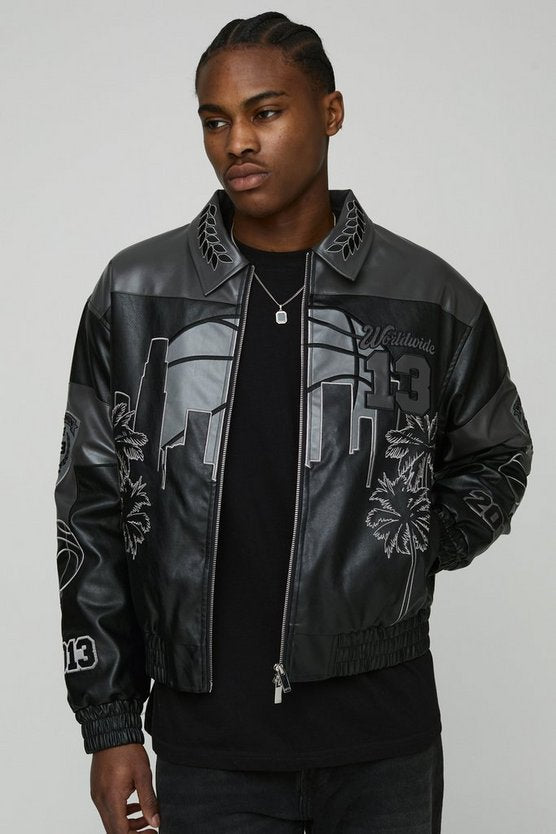 Boxy Worldwide Embroidered PU Badge Varsity Jacket
