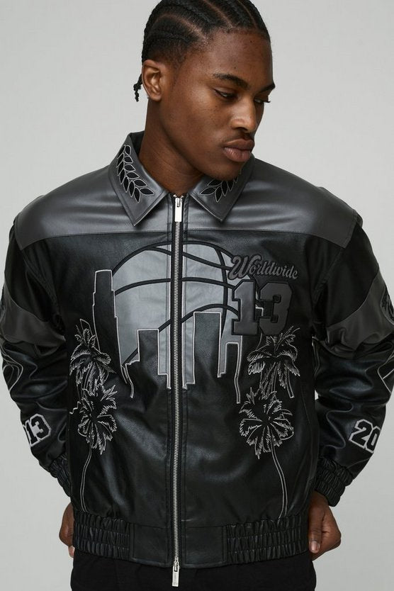 Boxy Worldwide Embroidered PU Badge Varsity Jacket