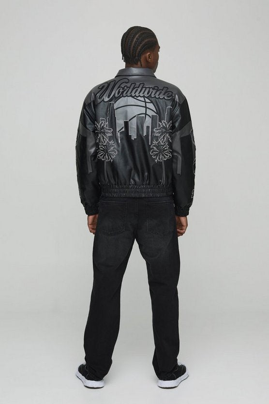 Boxy Worldwide Embroidered PU Badge Varsity Jacket
