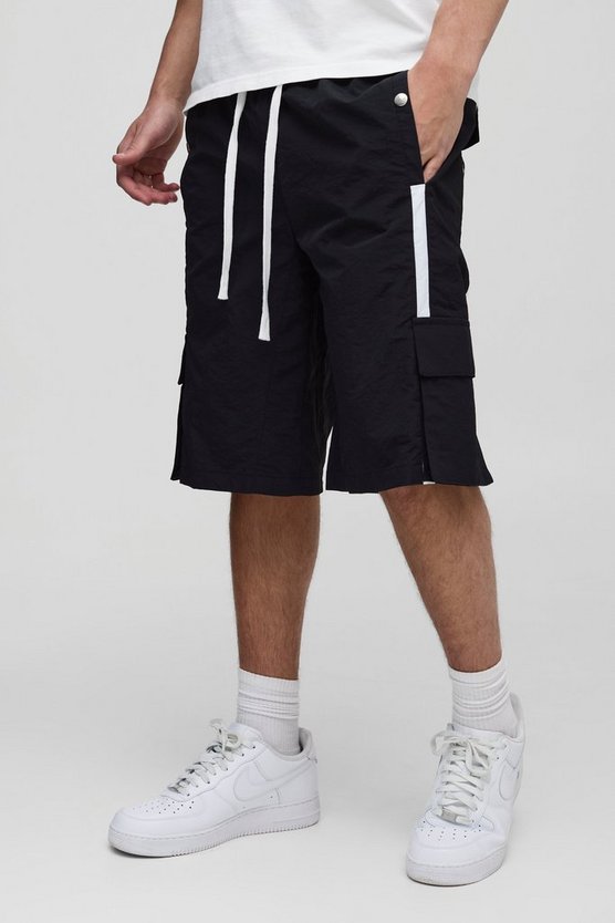 Elasticated Baggy Long Length Nylon Cargo Shorts