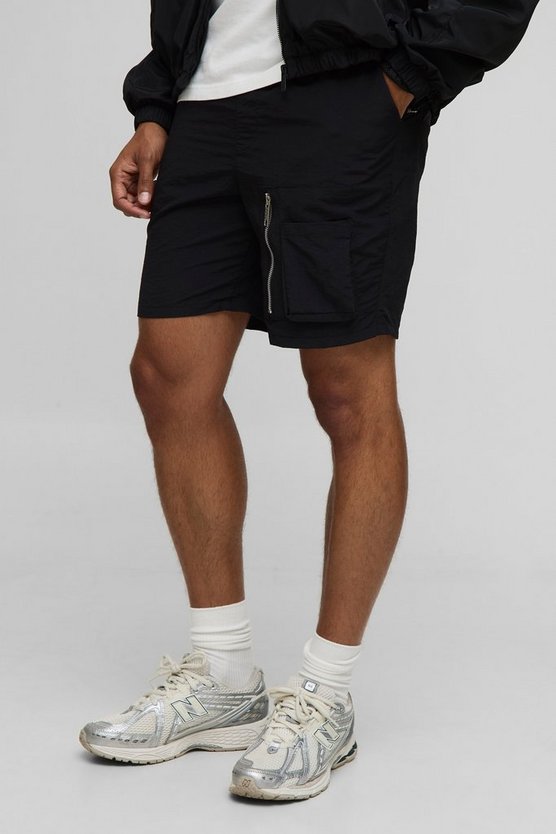 Elasticated Waist Slim Fit Nylon Cargo Shorts