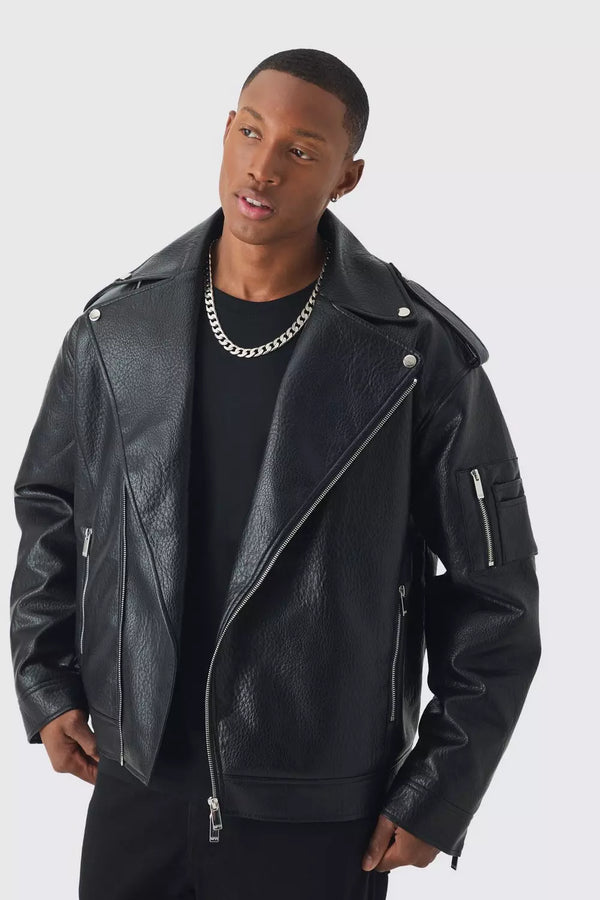 Extreme Oversized Textured PU Biker Jacket In Black