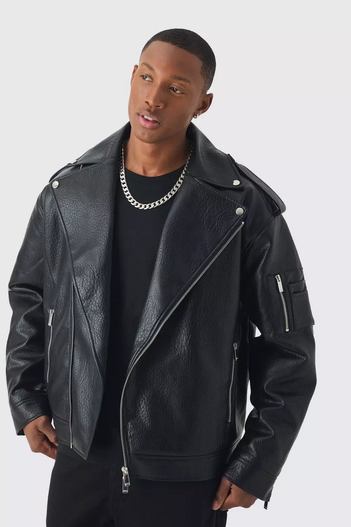 Extreme Oversized Textured PU Biker Jacket In Black